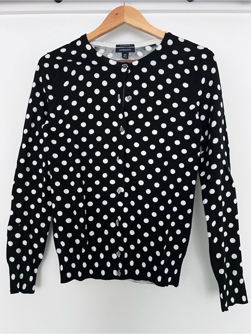 Lands' End Black Cardigan with White Polka Dots